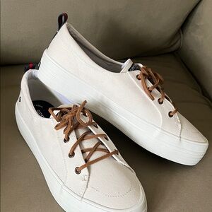 Sperry White Canvas Sneakers with Brown Laces